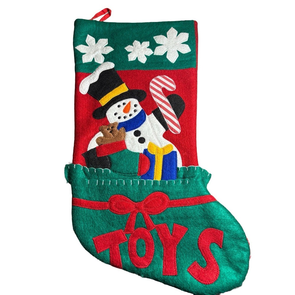 Vintage 90's Christmas Felt Snowman Stocking Toys Long Large 18" Front Pocket